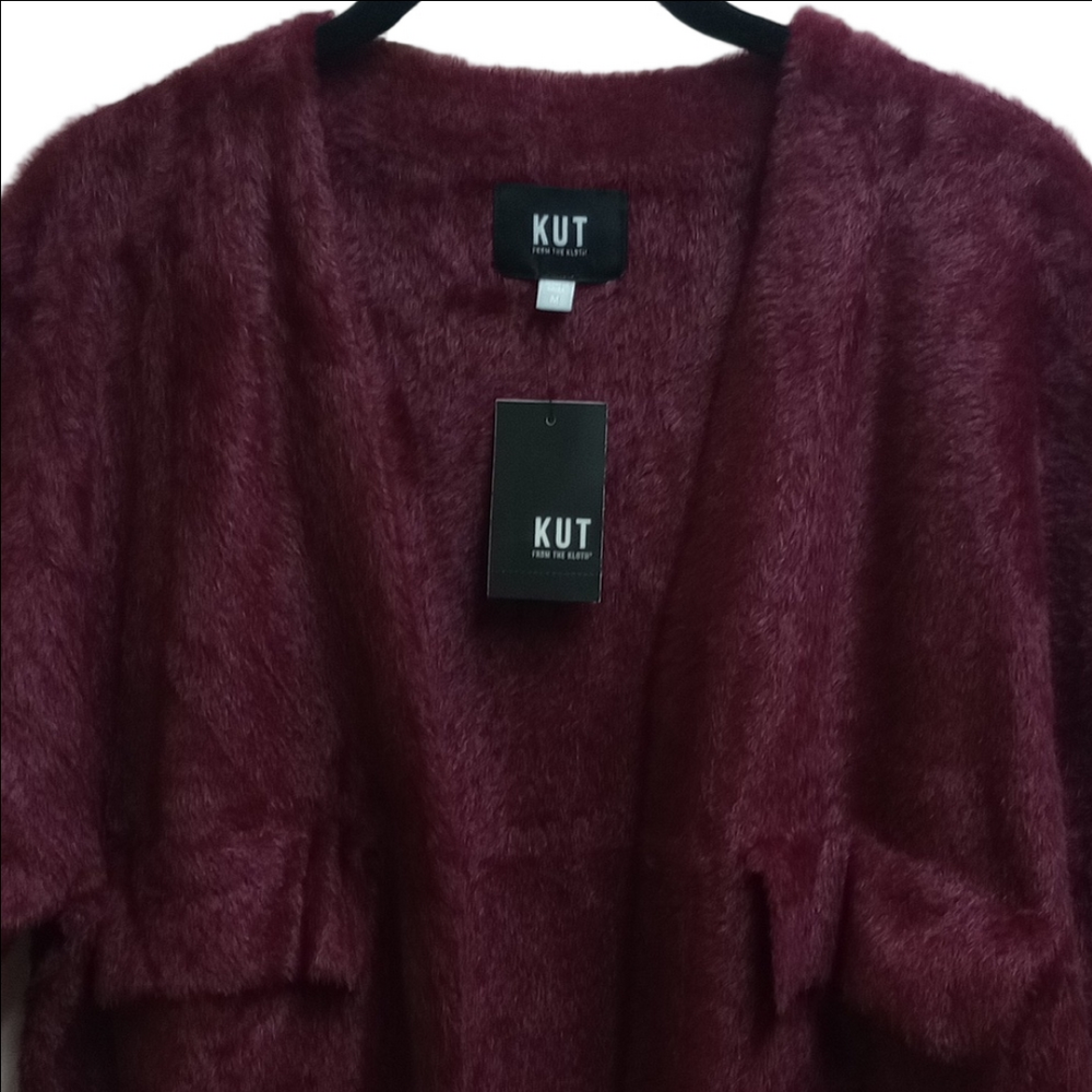 🆕 KUT "JANA" WINE BURGUNDY FUZZY OPEN FRONT CARDIGAN SWEATER WITH POCKETS - Picture 3 of 13
